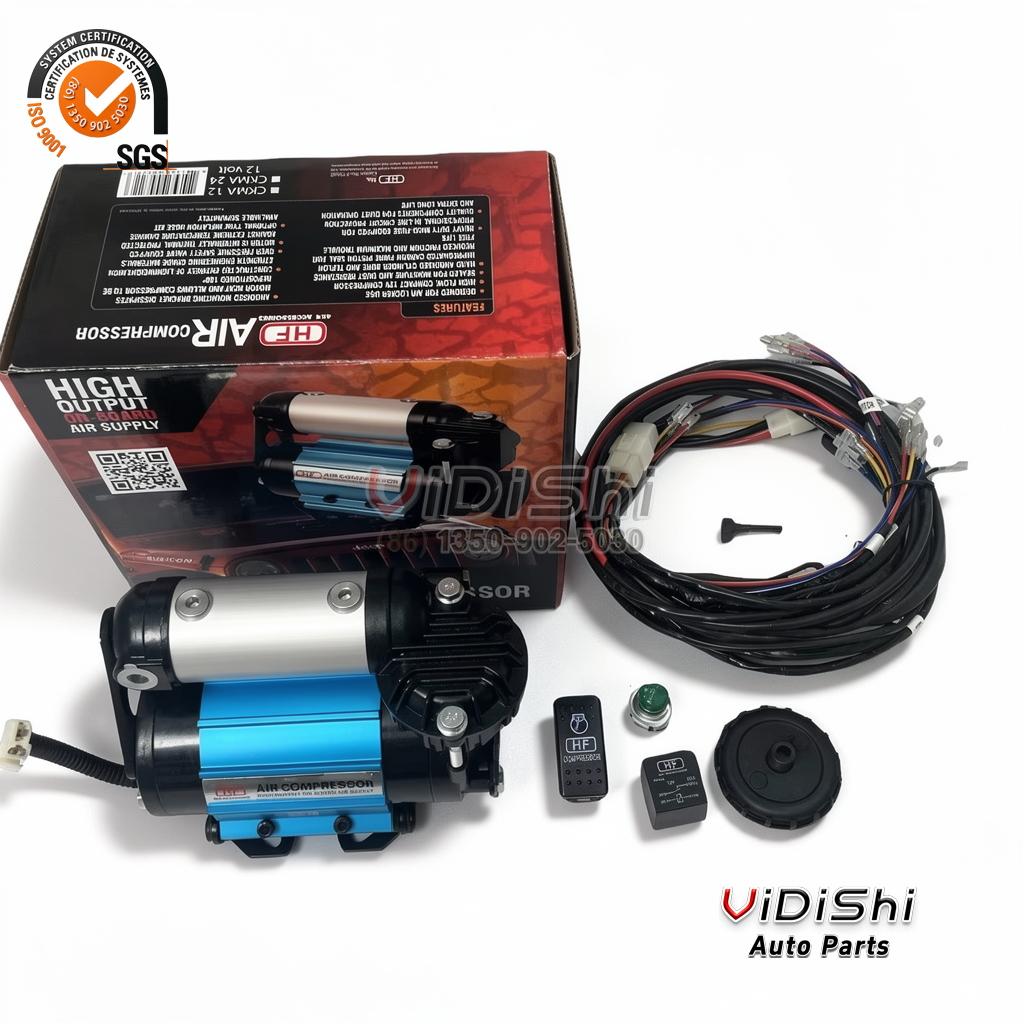 Single and Twin On-Board Air Compressor 12V 150 PSI 2 Wiring loom, relay, pressure switch and air filter supplied with the on-board air compressor