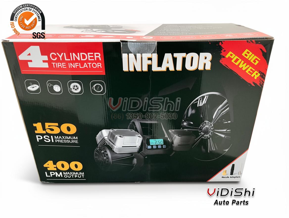 HF102 320L 4-Cylinder Tire Inflator 12V 150 PSI 400 L/min 3 Retail carton of the 4 cylinder tire inflator showing 150 PSI and 400 LPM ratings
