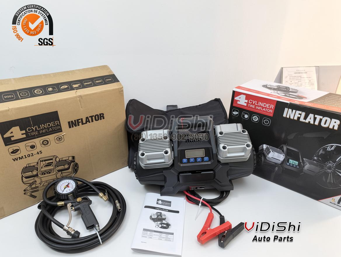 HF102 320L 4 cylinder tire inflator kit with carton, hose, gauge and battery clamps