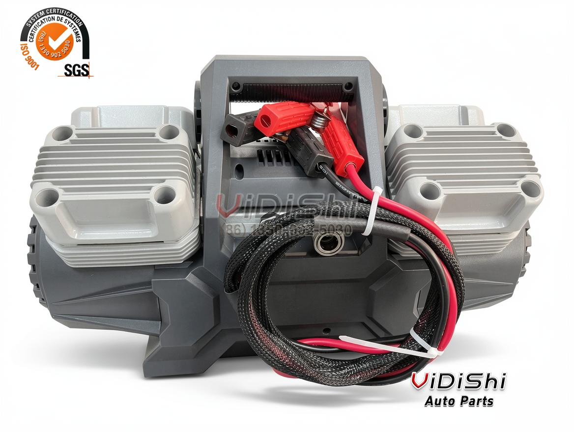 HF102 320L 4-Cylinder Tire Inflator 12V 150 PSI 400 L/min 6 Rear view of the 4 cylinder tire inflator with stowed battery clamp leads