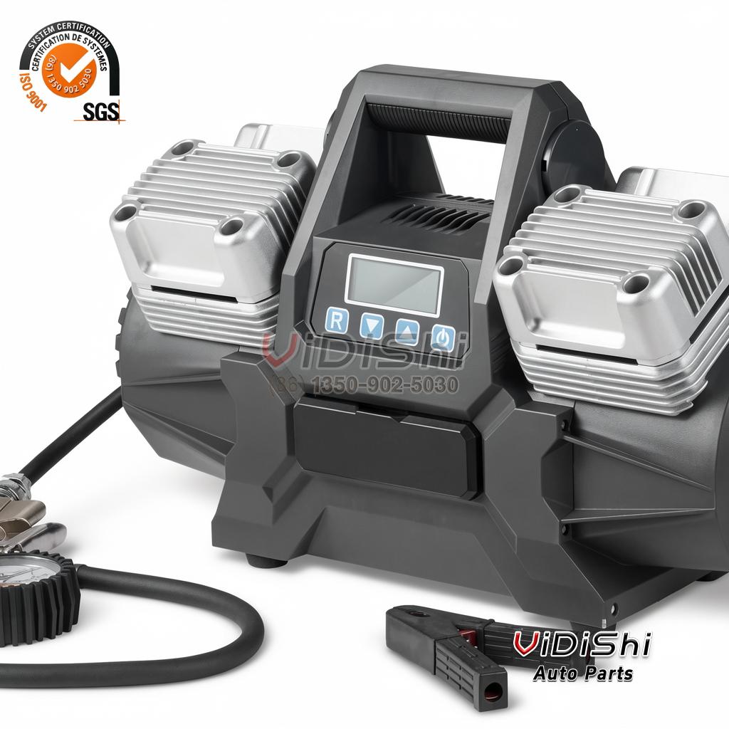 HF102 320L 4-Cylinder Tire Inflator 12V 150 PSI 400 L/min 2 HF102 320L four cylinder tire inflator three-quarter view with hose and pressure gauge