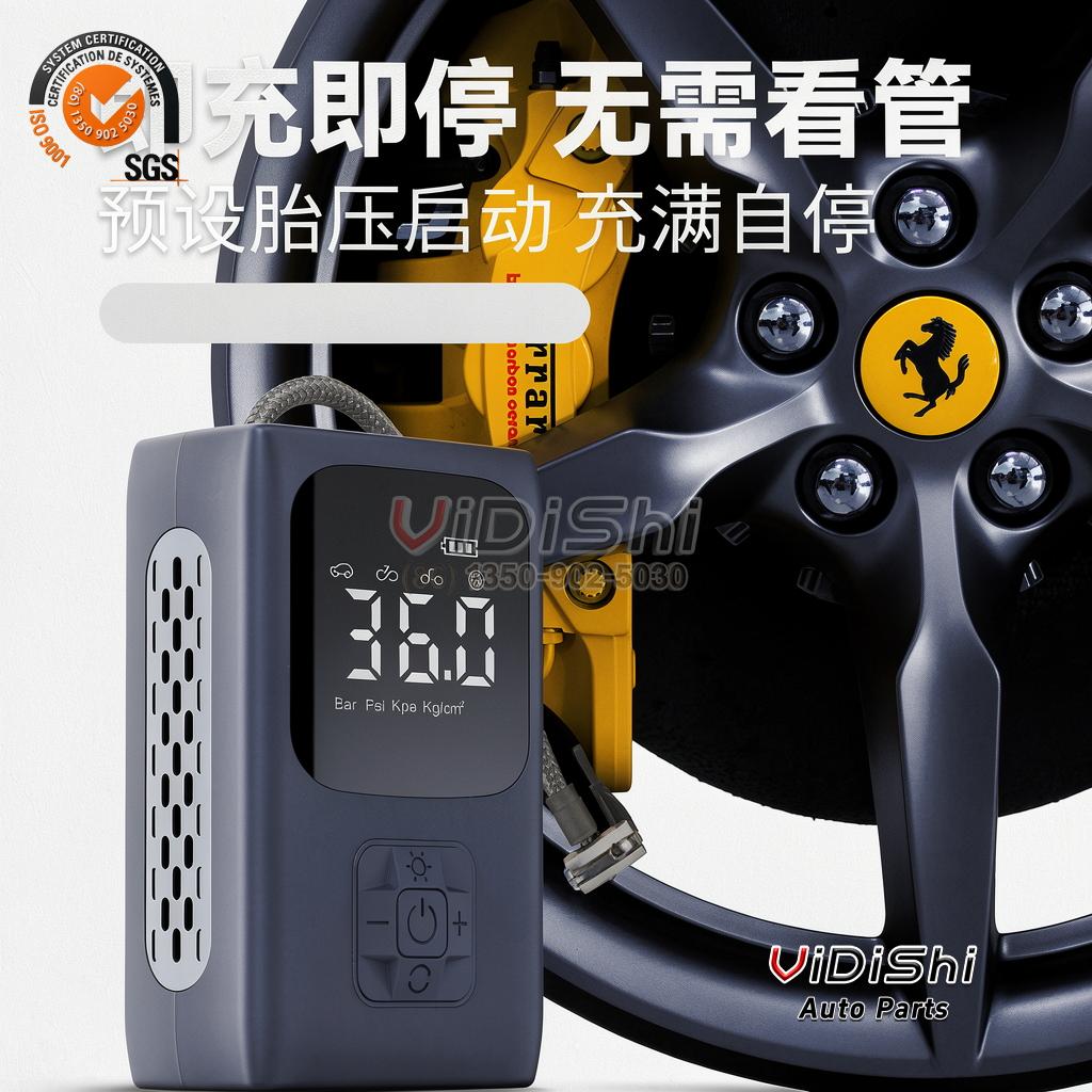 Portable auto-stop tire inflator with digital display beside a car wheel