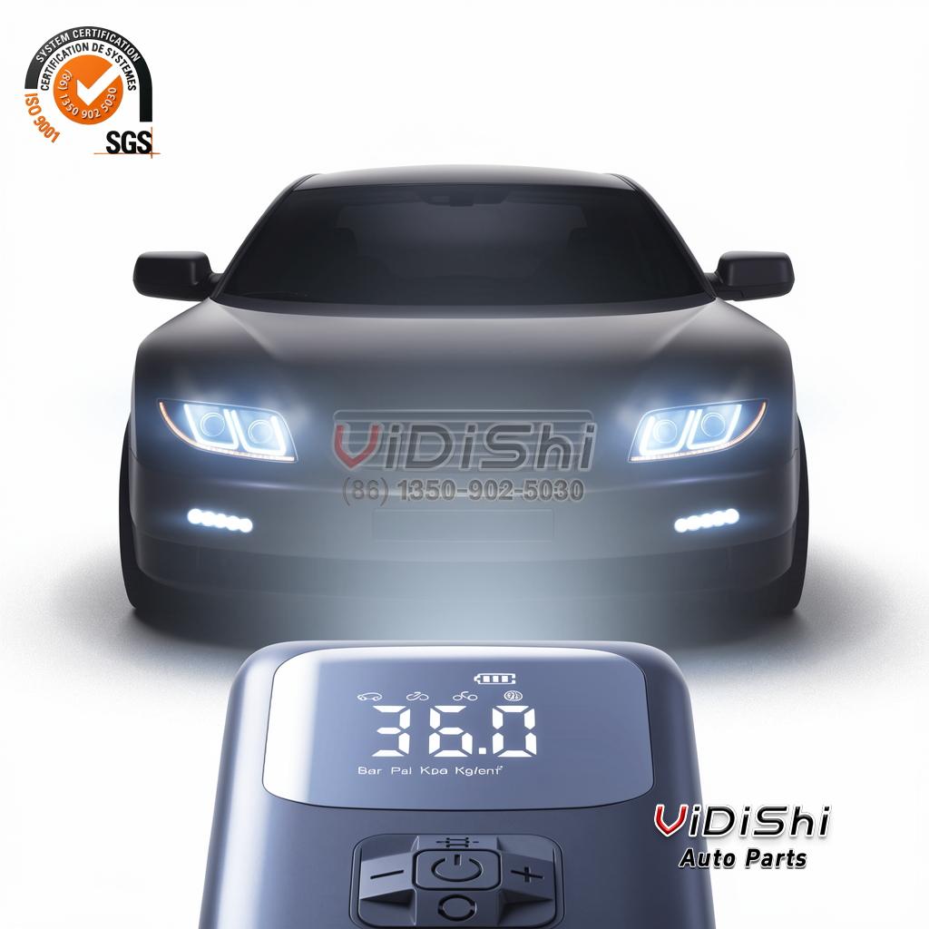 Portable Auto-Stop Tire Inflator with Digital Display 3 Auto-stop tire inflator showing preset modes for car, motorcycle, bicycle and ball