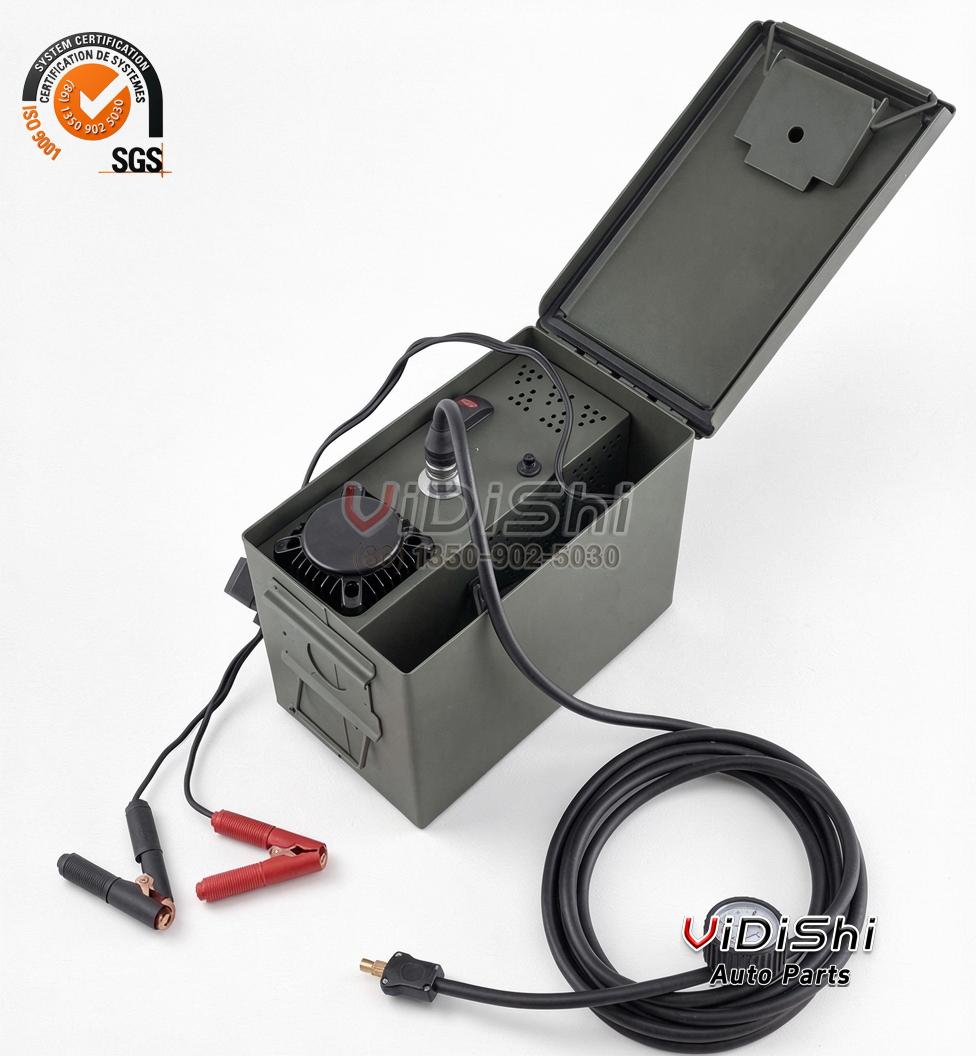 Portable Auto-Stop Tire Inflator with Digital Display 5 Portable air pump kit stored in its storage box with hose, gauge and clamps