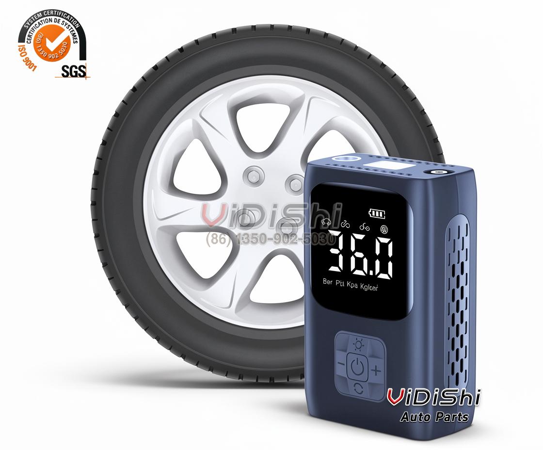 Portable Auto-Stop Tire Inflator with Digital Display 2 Handheld digital tire inflator next to a car tyre and wheel