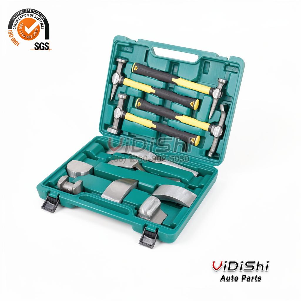 Open case showing the hammers seated in the upper tray and the dollies below