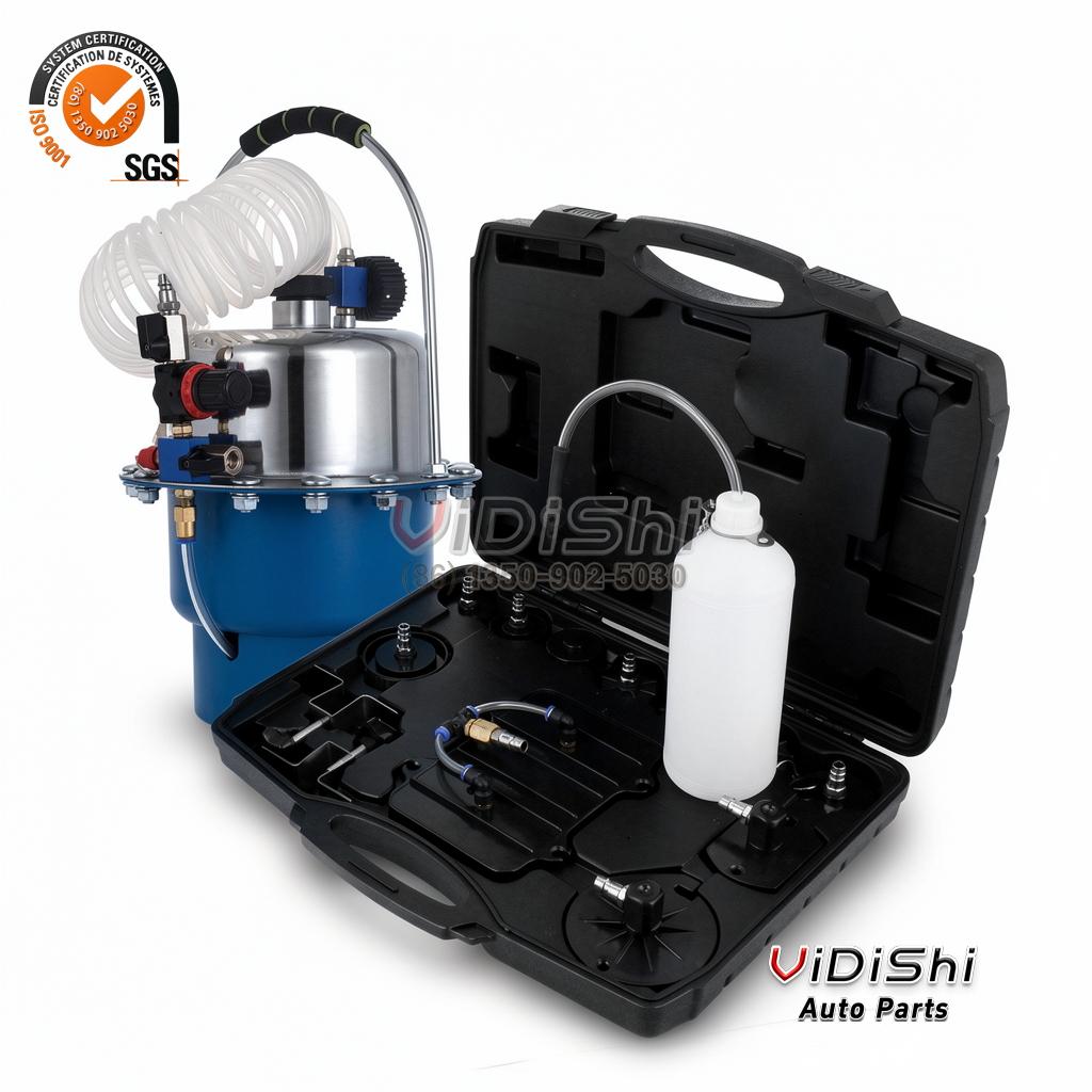 Blue reservoir brake bleeder beside its hard case and a collection bottle