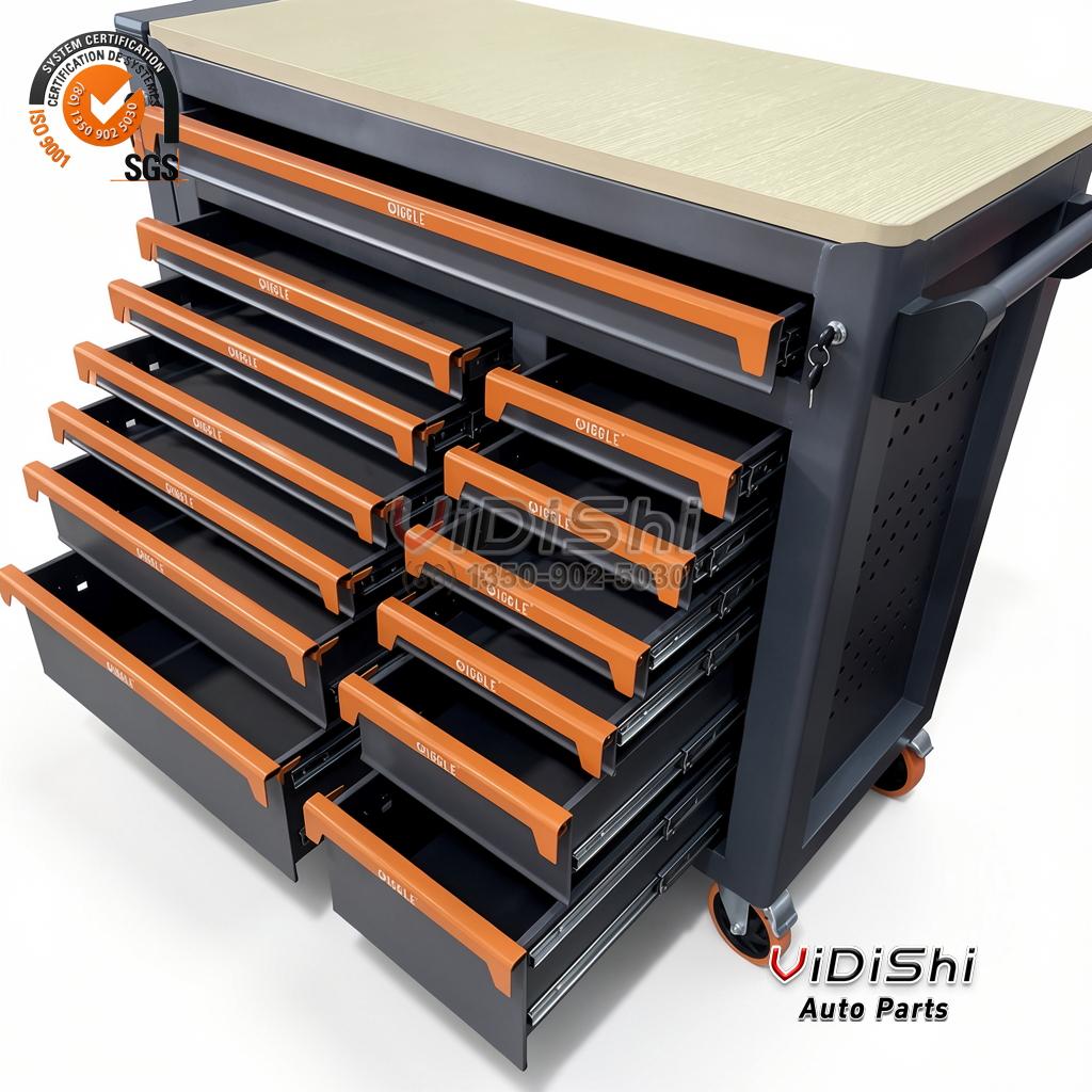 Cabinet with several drawers pulled out to show the drawer runners