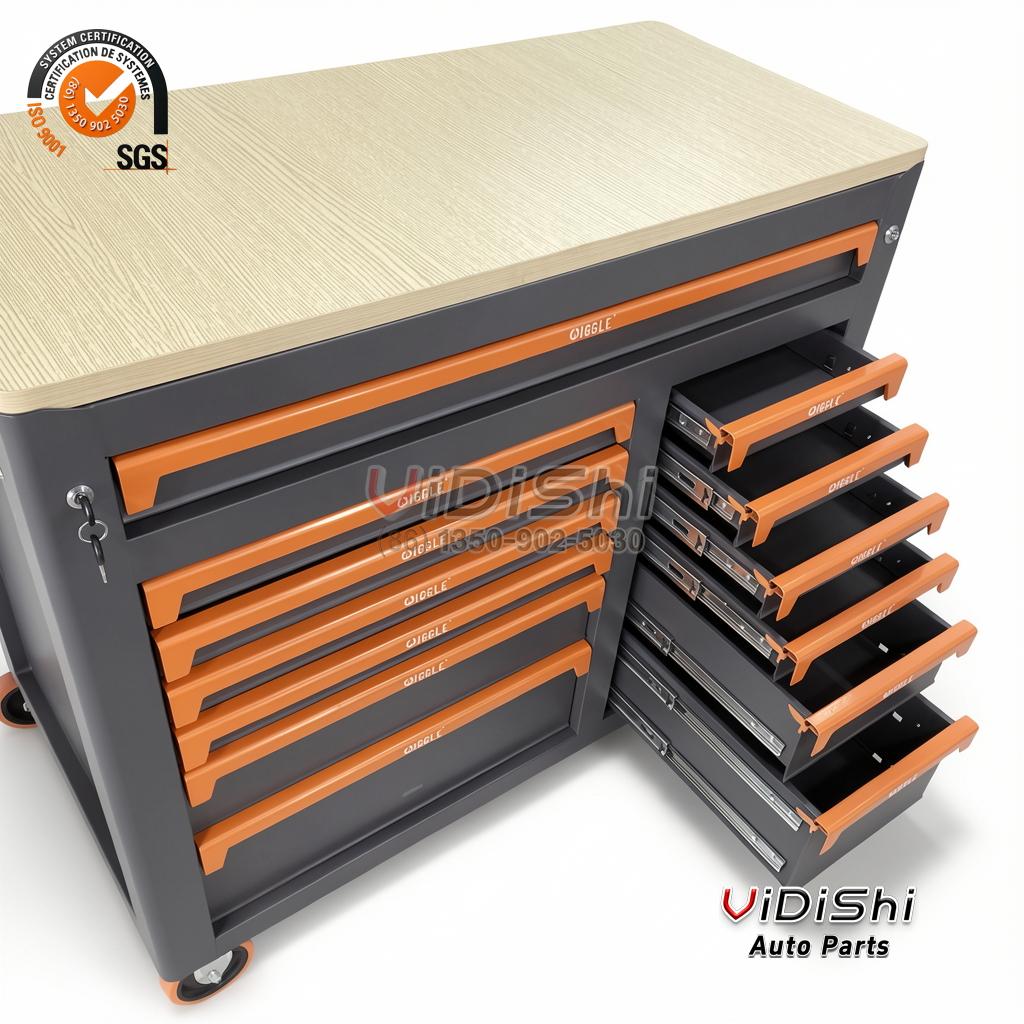 All Products 9 High three-quarter view over the wood top onto the open drawers