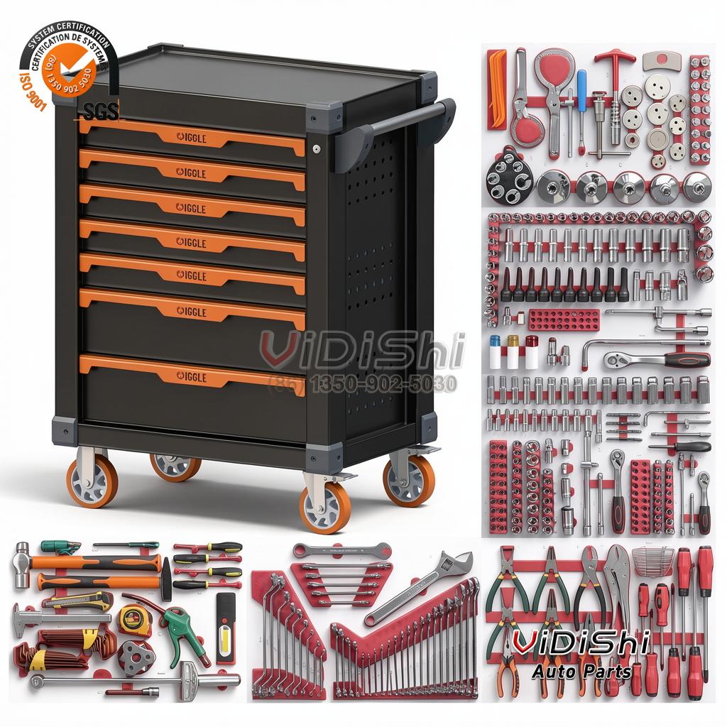 Seven-drawer cabinet beside the complete 421-piece tool set laid out