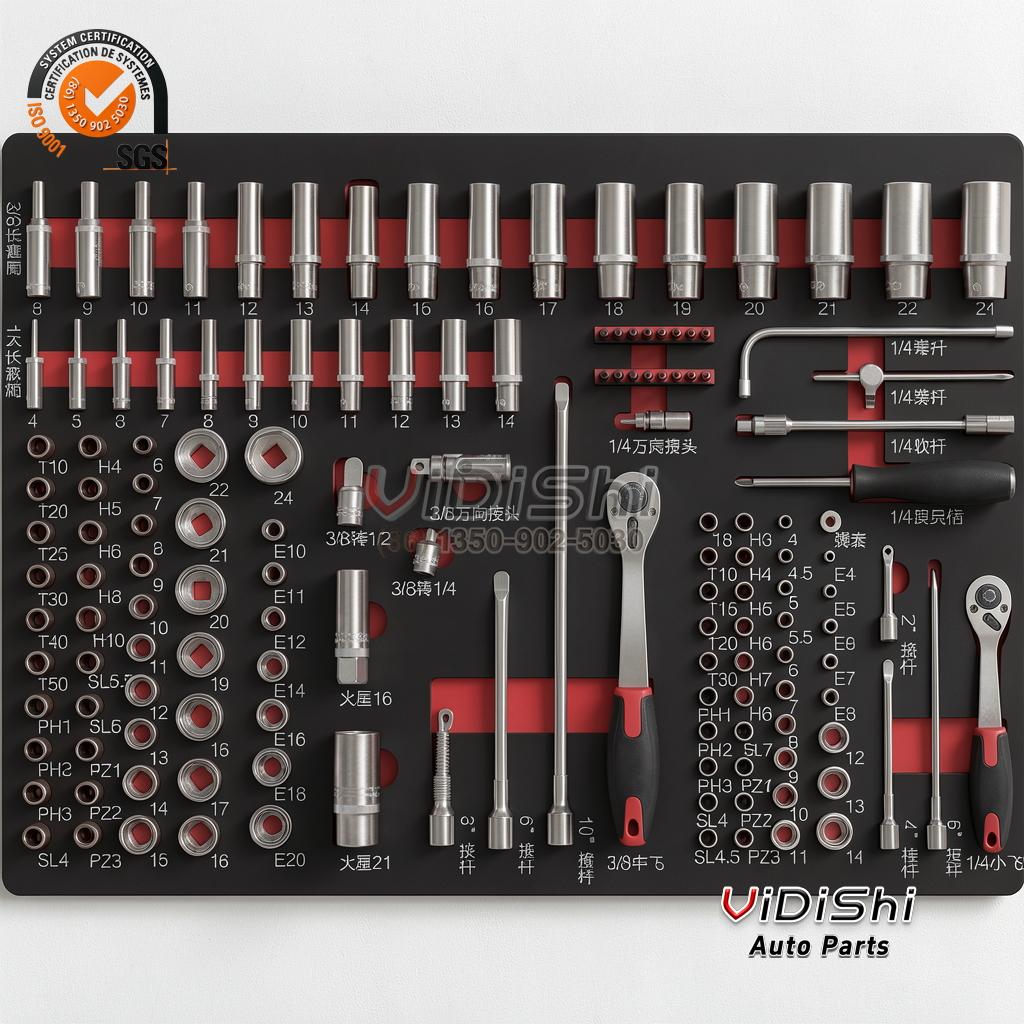 All Products 8 Socket and driver set seated in a foam tray with the sizes marked