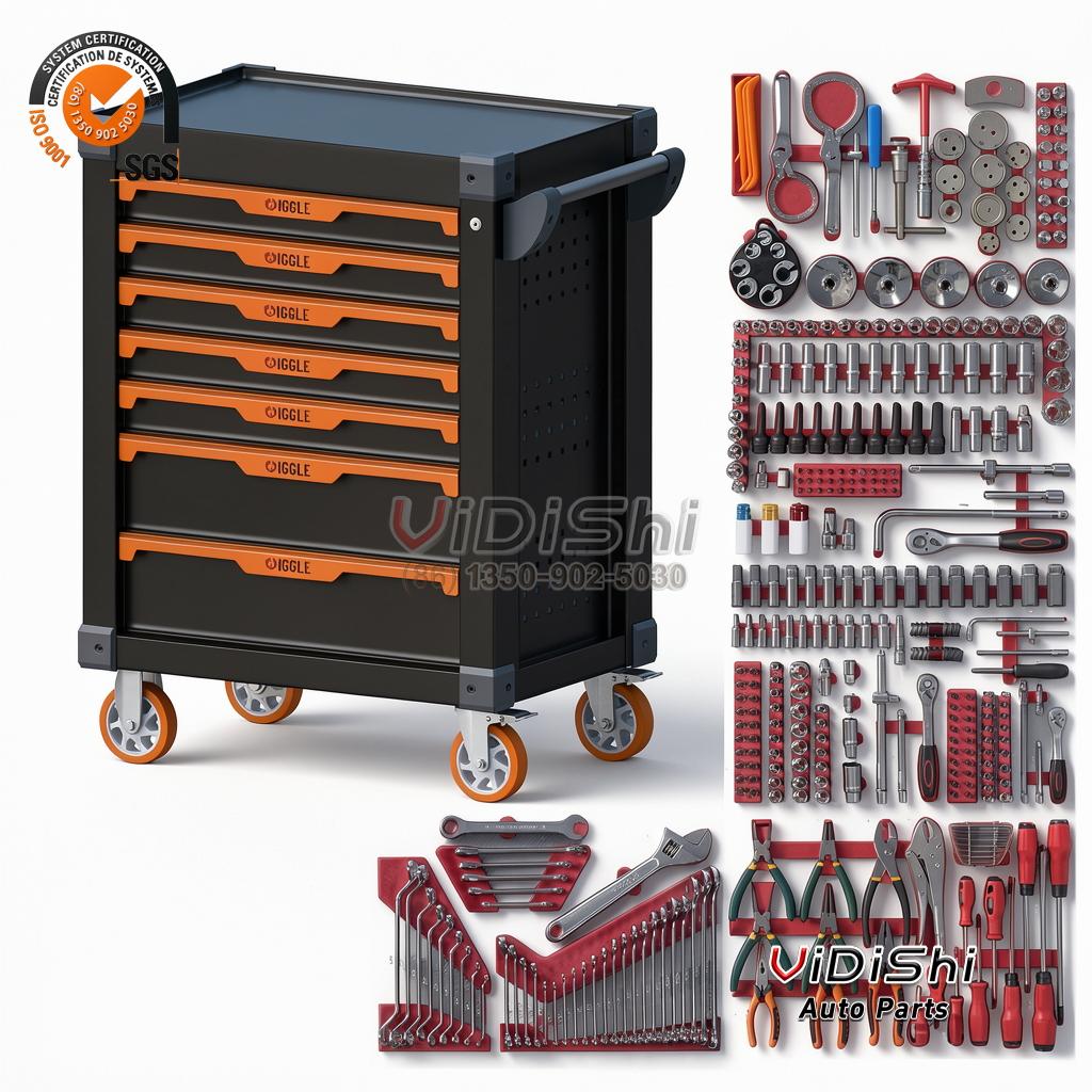 Seven-drawer trolley beside the tool set laid out in trays