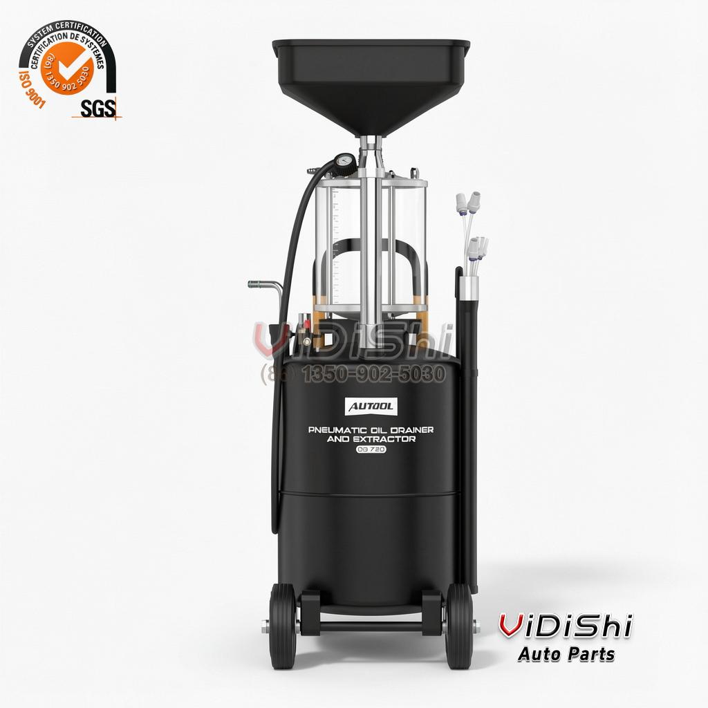 VDS-OD720-PNEU-OIL-EXTR 70 L Pneumatic Waste Oil Extractor 1 Extractor unit with the funnel on top and the castors at the base