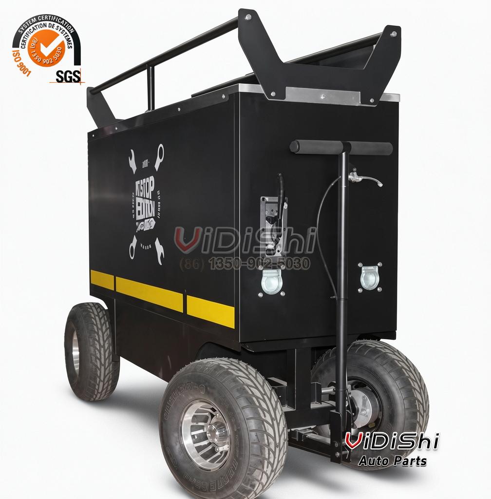 Pit cart from the rear showing the drawer bank, the frame and the wheels