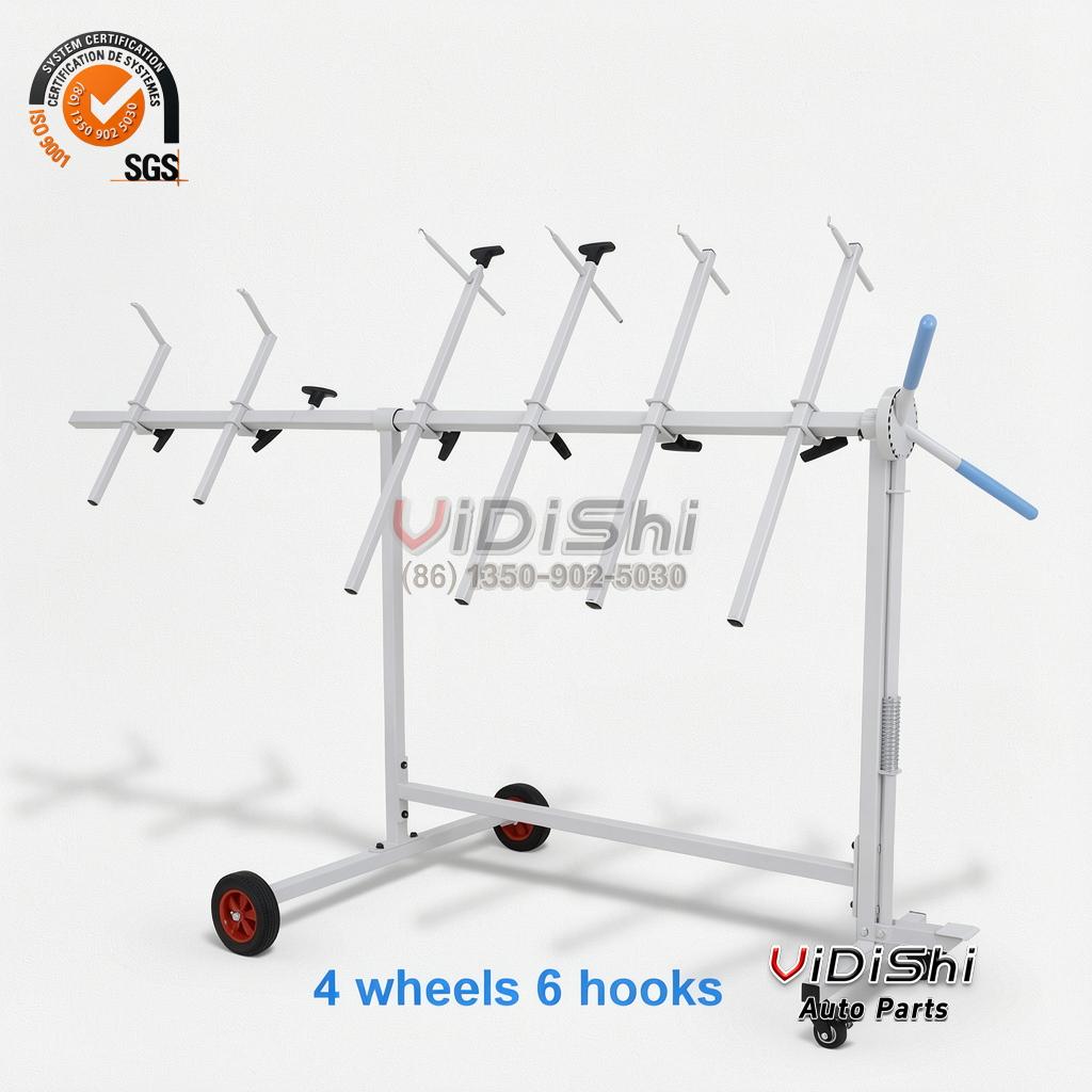 Panel stand with the six hooks spread along the top rail