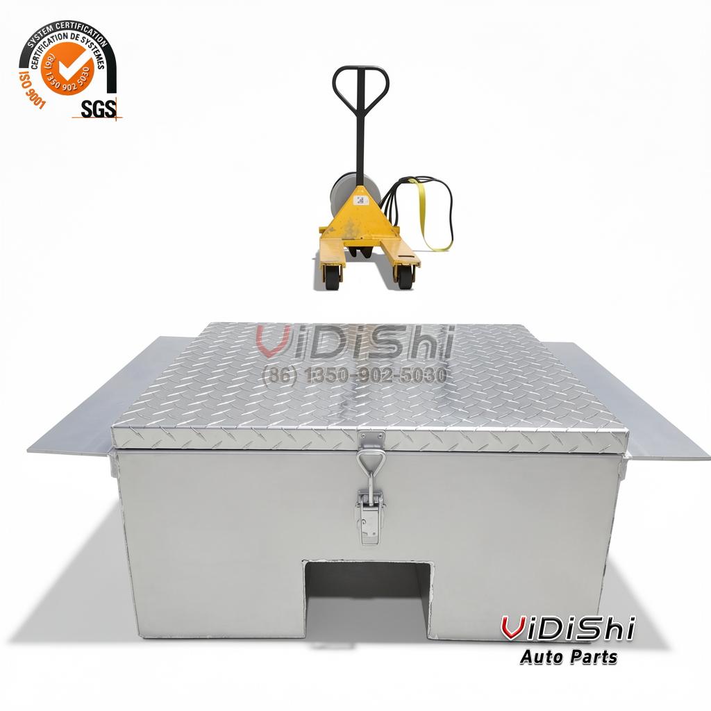 All Products 8 Box standing on a pallet jack showing the lid and the latch