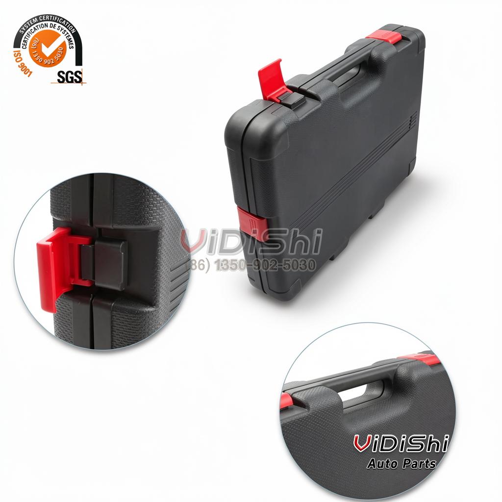 Close view of the red latch and the moulded case handle