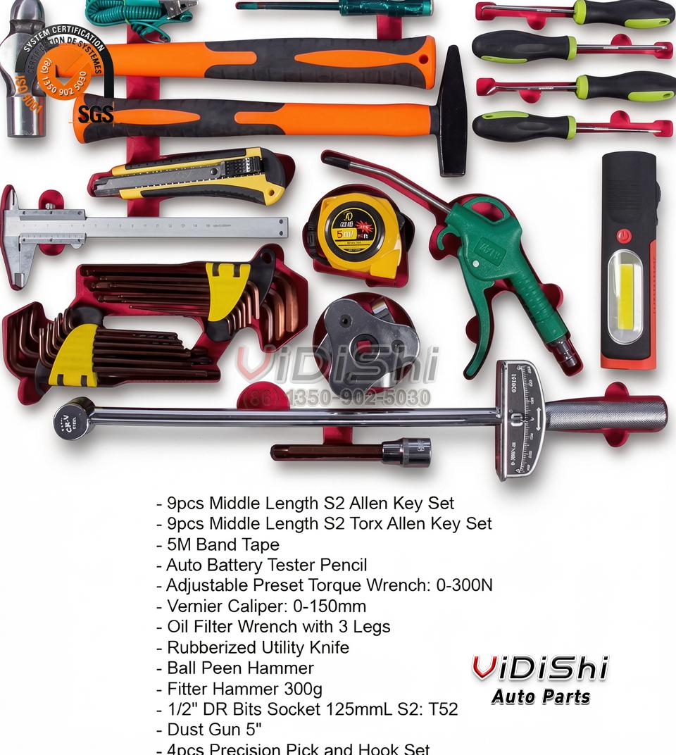Hand tool group with screwdrivers, pliers and a tape measure in one tray