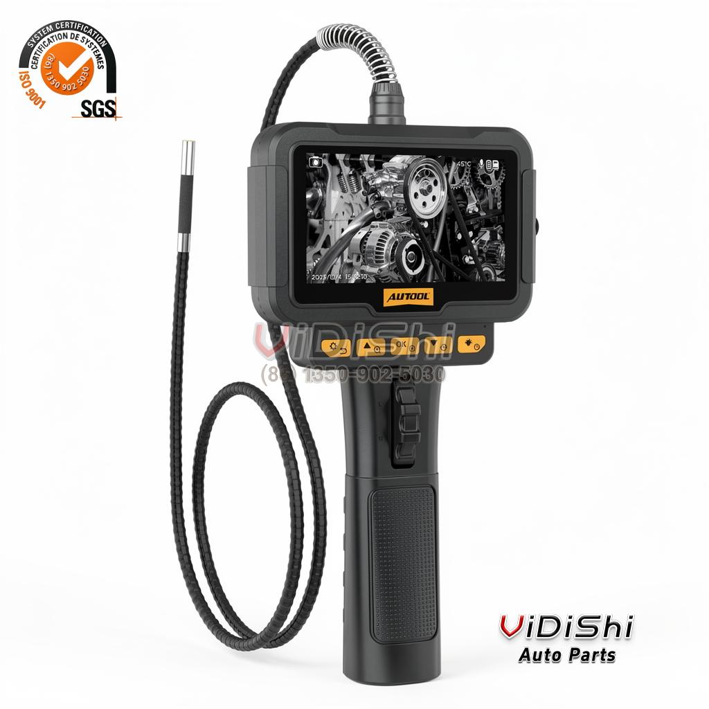 Borescope with the screen showing a live image and the probe coiled beside it