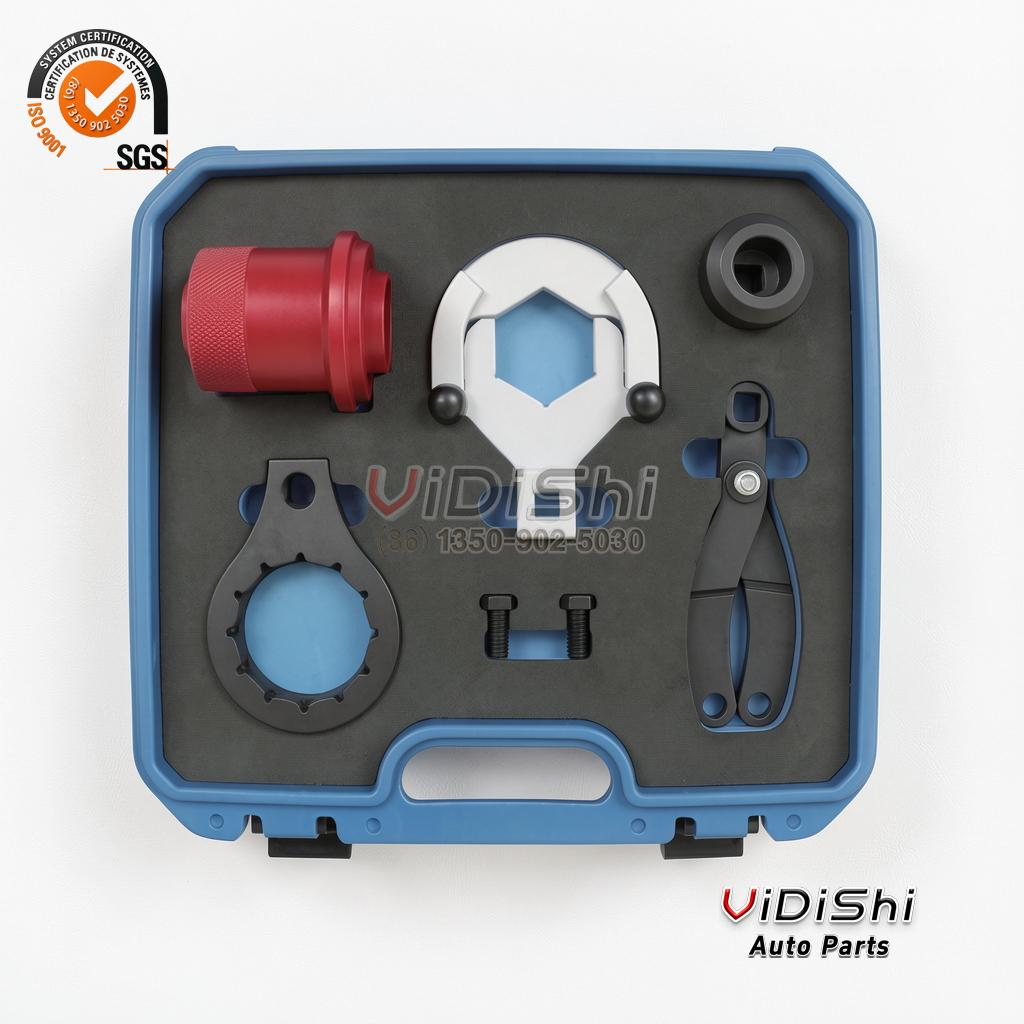 Rear axle differential service tool kit laid out in a blue case with a shaped foam tray
