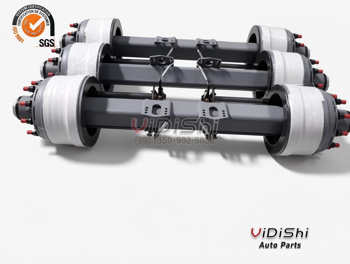 Three trailer axles with brake drums laid side by side at an angle, spring seats and air chamber brackets visible