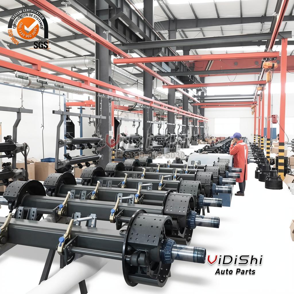 All Products 6 Workshop scene with rows of trailer axles and brake drums on the floor, a worker in red at the right, 12T-14T-16T