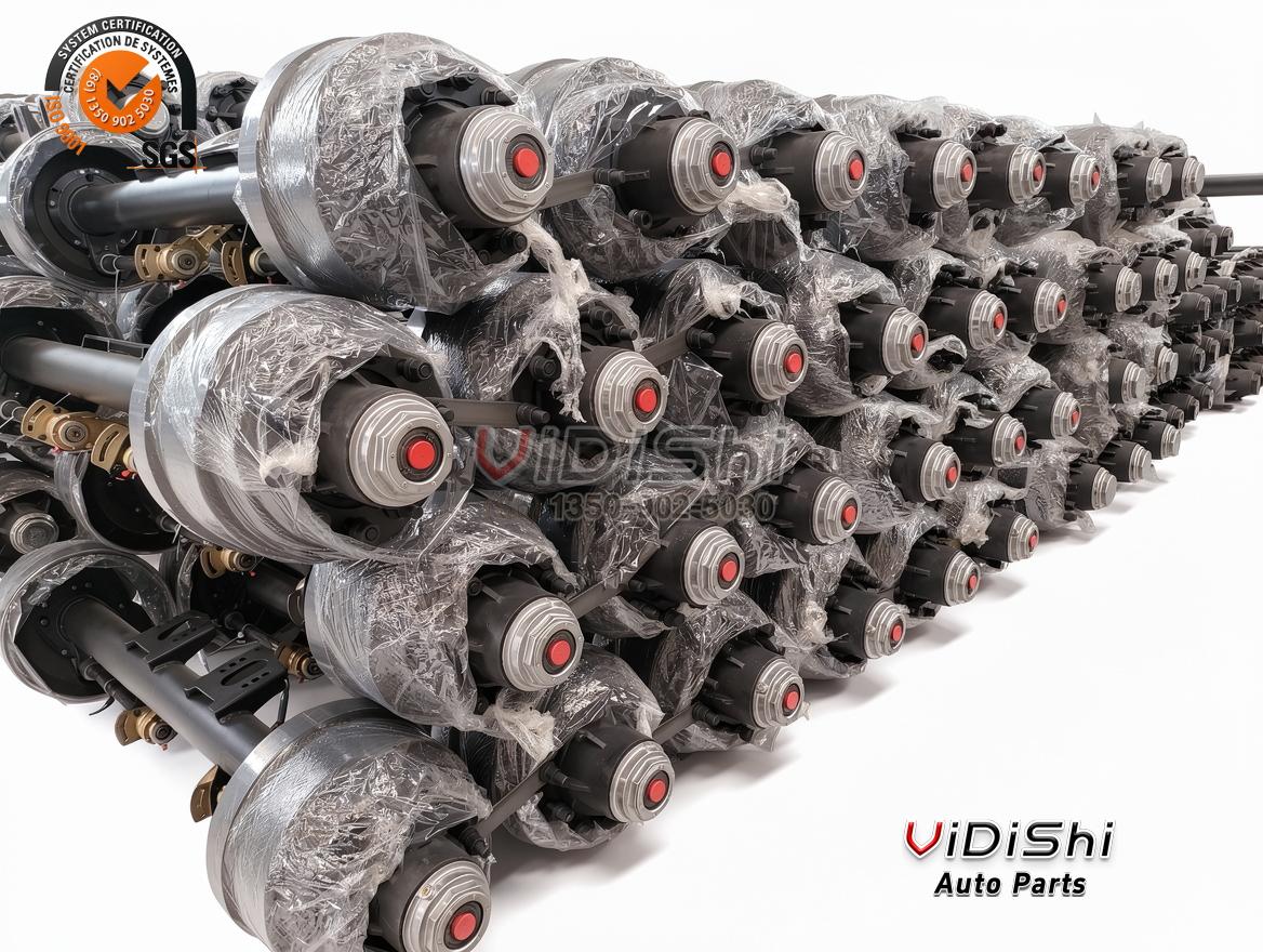 Trailer Axle 12T 14T 16T for Semi Trailer 1840 1850mm Track 5 Close-up of trailer axle hub ends: reddish brown hub castings with studs, silver nuts and white clips