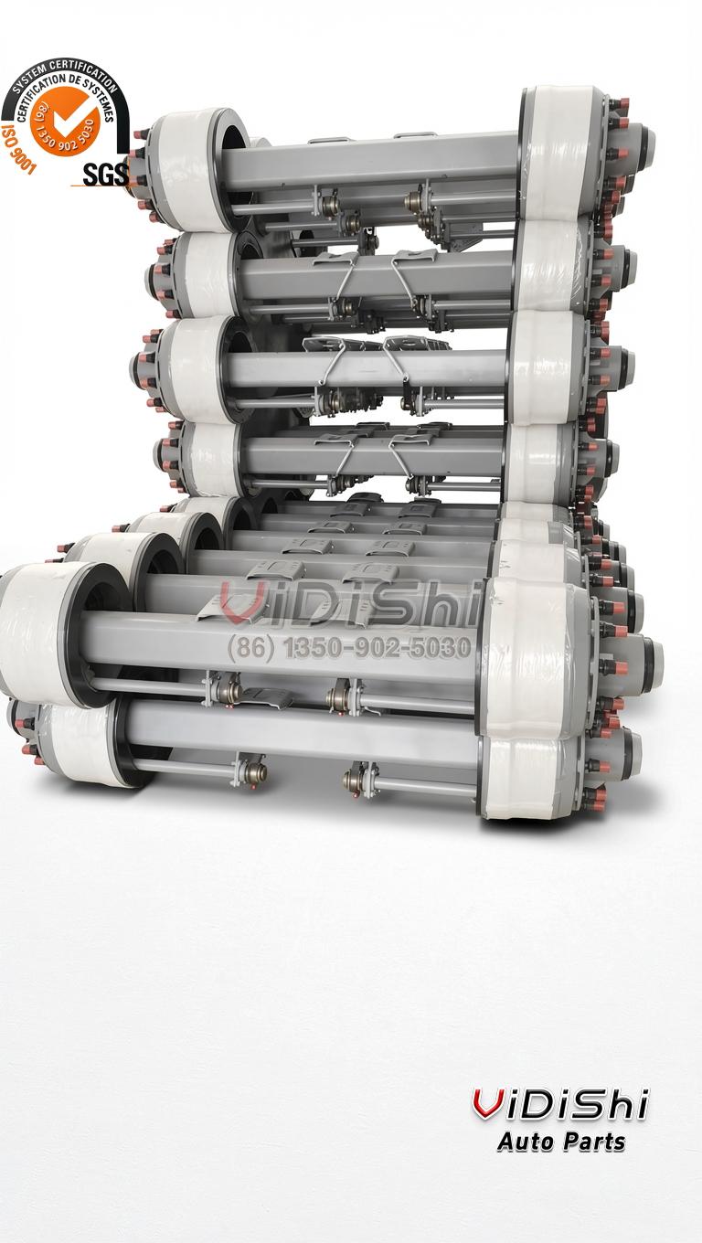 Trailer Axle 12T 14T 16T for Semi Trailer 1840 1850mm Track 3 Trailer axles stacked in bulk, grey beams with hubs and drums wrapped in white protective material