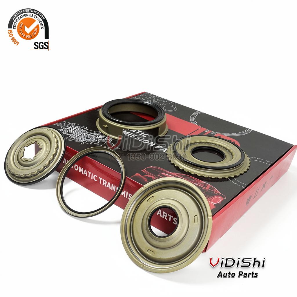 Transmission Piston Kit U760E0013AM Replacement for U760 4 Piston kit parts arranged on an automatic transmission parts box
