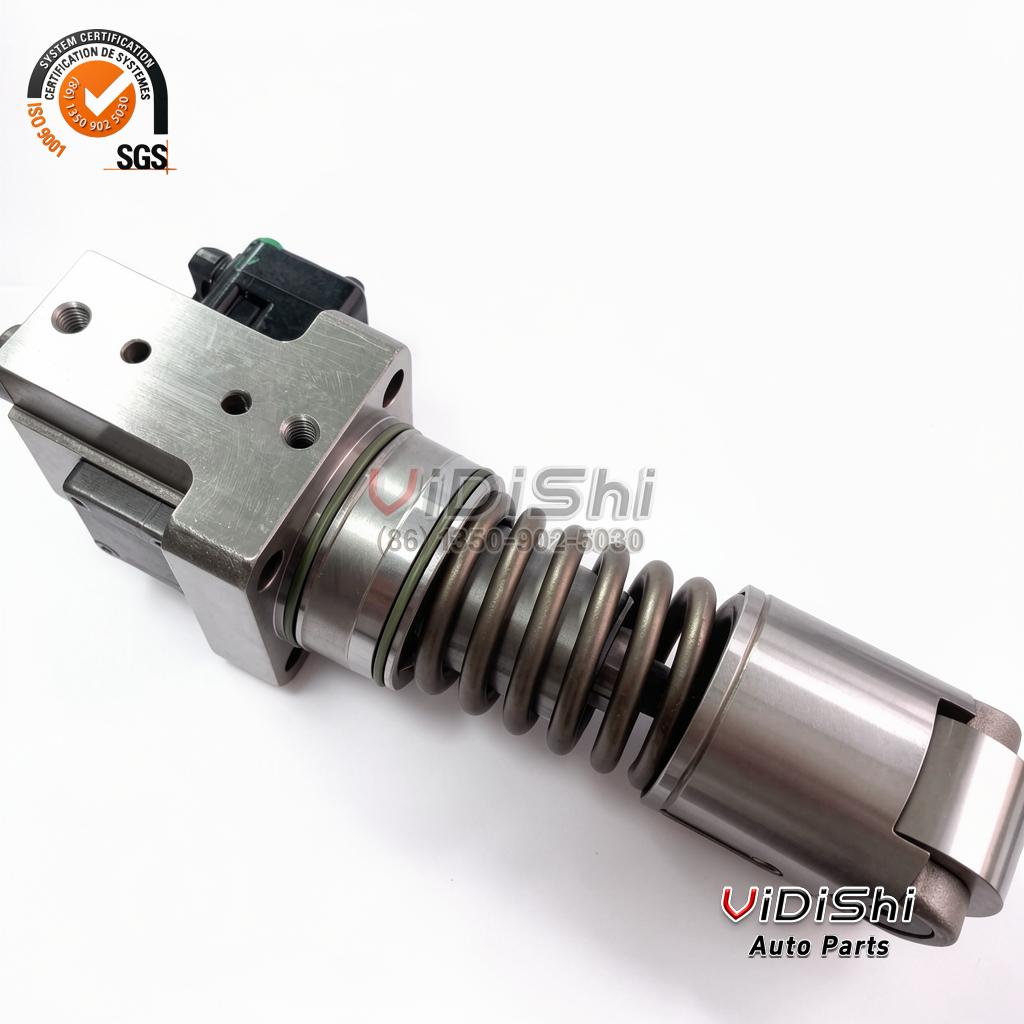 184A215237P5 Unit Pump for GE 12V250 Locomotive Diesel 4 184A215237P5 unit pump lying flat showing full length from solenoid end to roller tappet