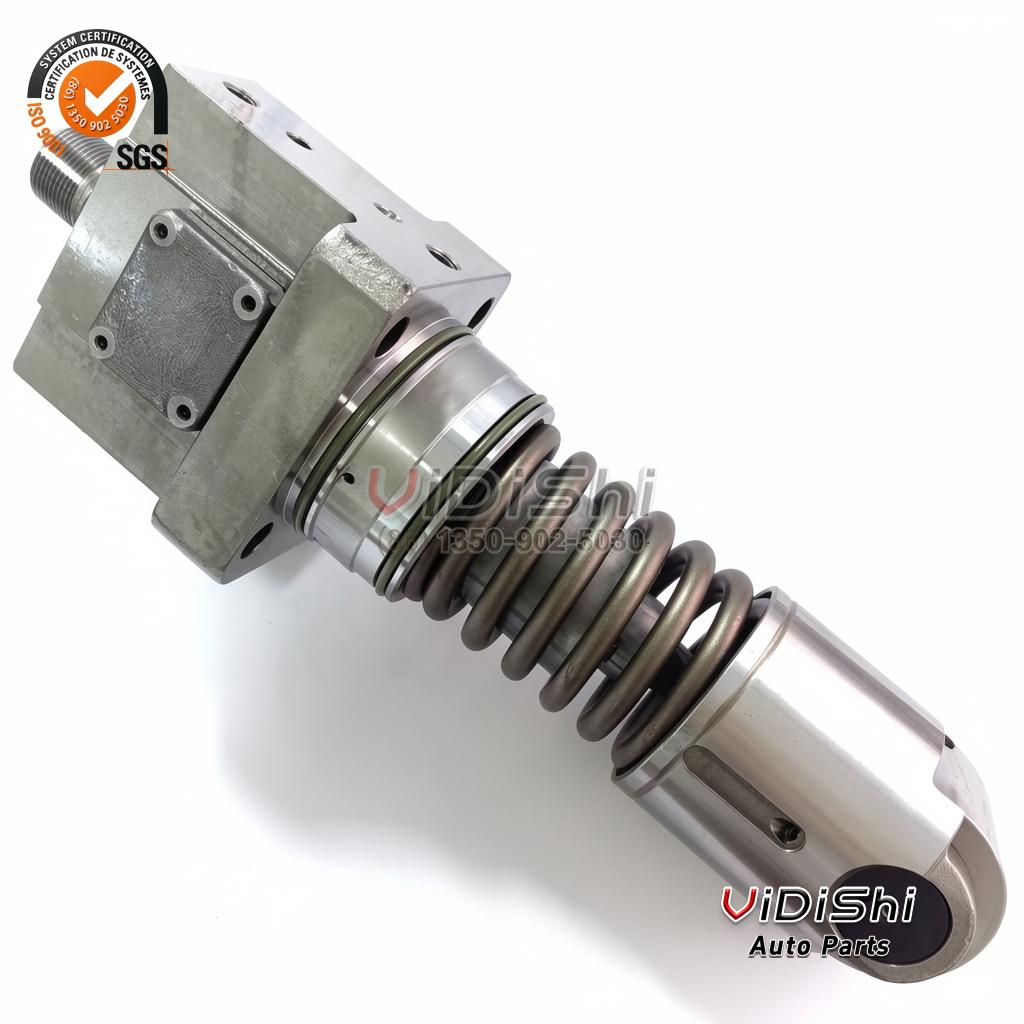332X1021 Unit Pump for GE GEVO 12 Locomotive 2 A 332X1021 unit pump at an angle, machined head and threaded port upper left, the roller shoe lower right