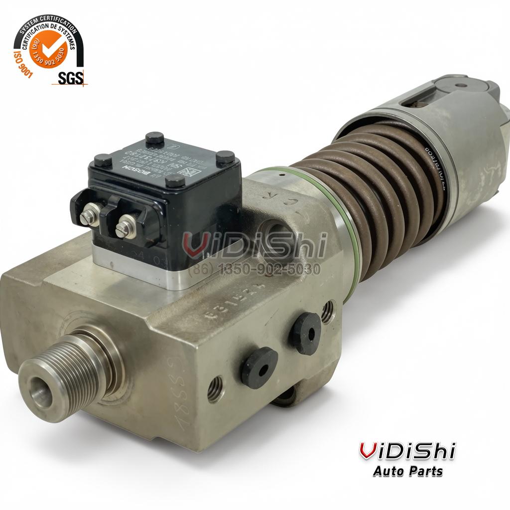 332X1021 Unit Pump for GE GEVO 12 Locomotive 6 A 332X1021 unit pump head-on, the body plate reading EUP, F00B.L0P.047 and 322X1021 above the high pressure outlet