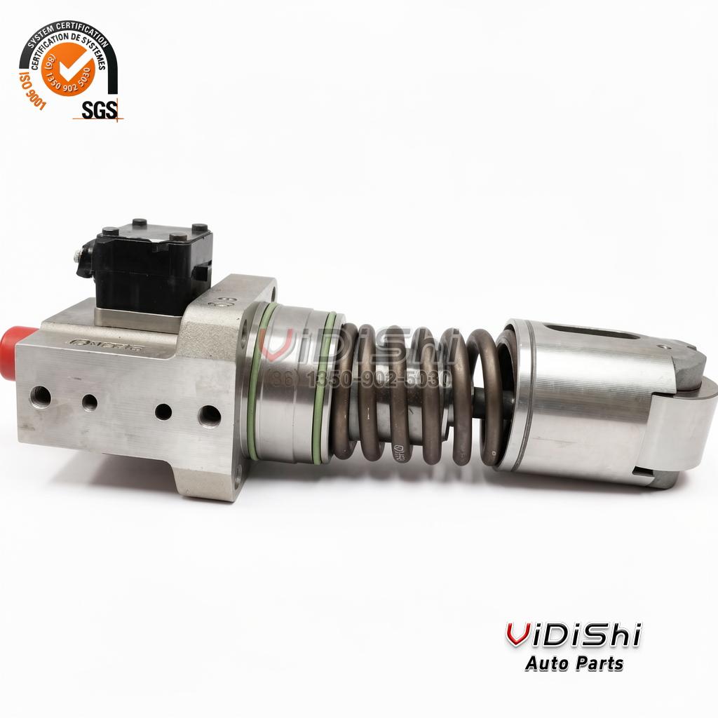 332X1021R Exchange Unit Pump for GE 12V250 Locomotive Diesel 5 332X1021R unit pump lying flat, full length profile from flange to roller tappet