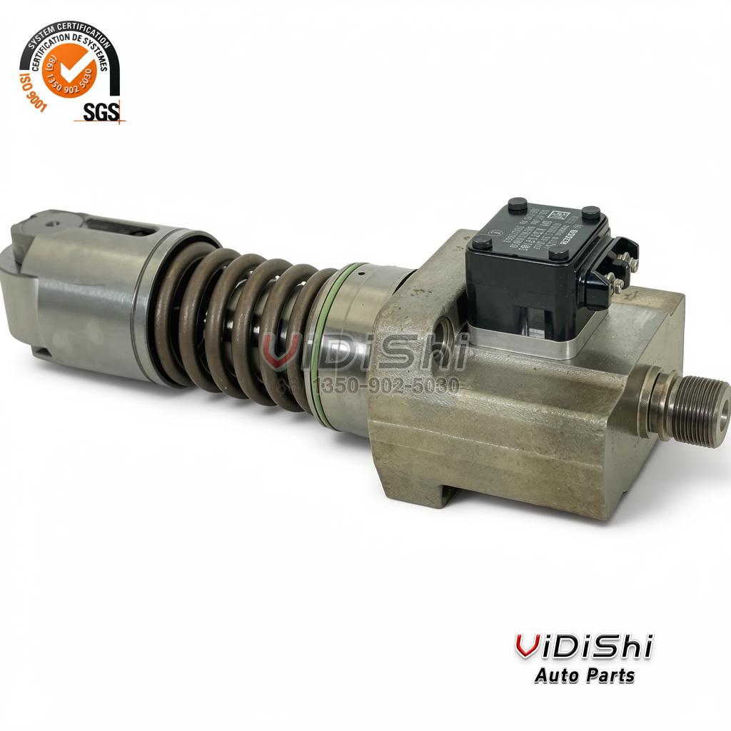 332X1021R Exchange Unit Pump for GE 12V250 Locomotive Diesel 6 332X1021R unit pump side view with solenoid head and red capped fuel outlet
