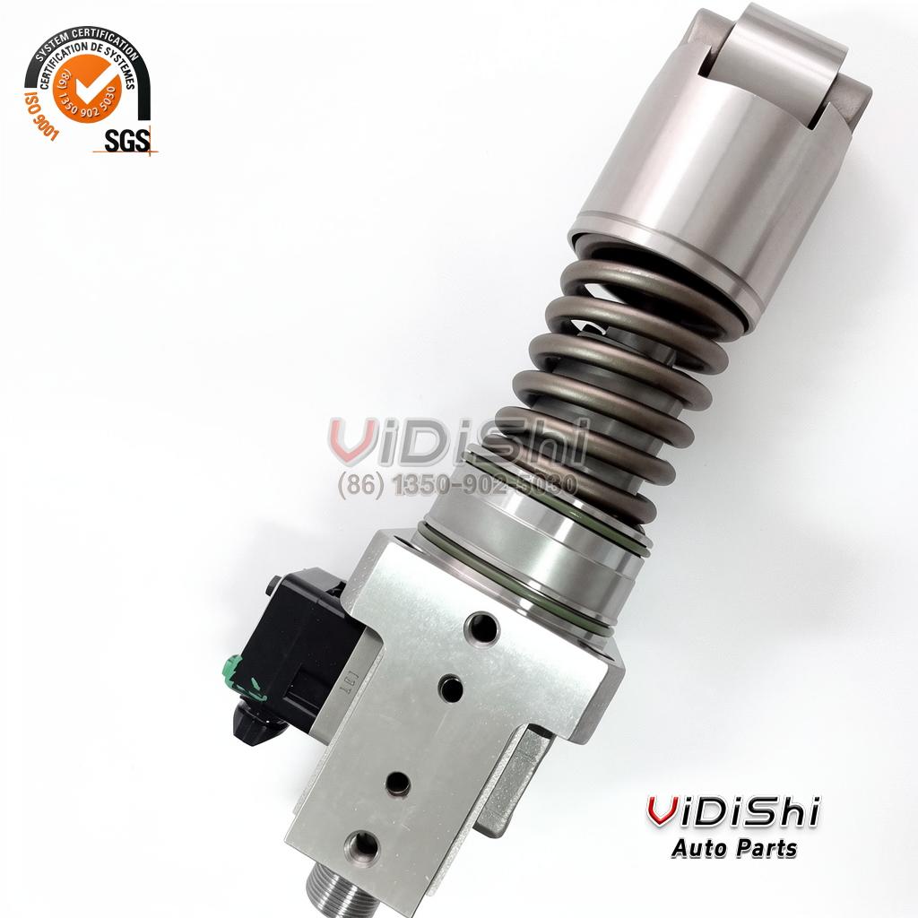332X1021R Exchange Unit Pump for GE 12V250 Locomotive Diesel 3 332X1021R unit pump at a three-quarter angle with mounting plate and solenoid connector