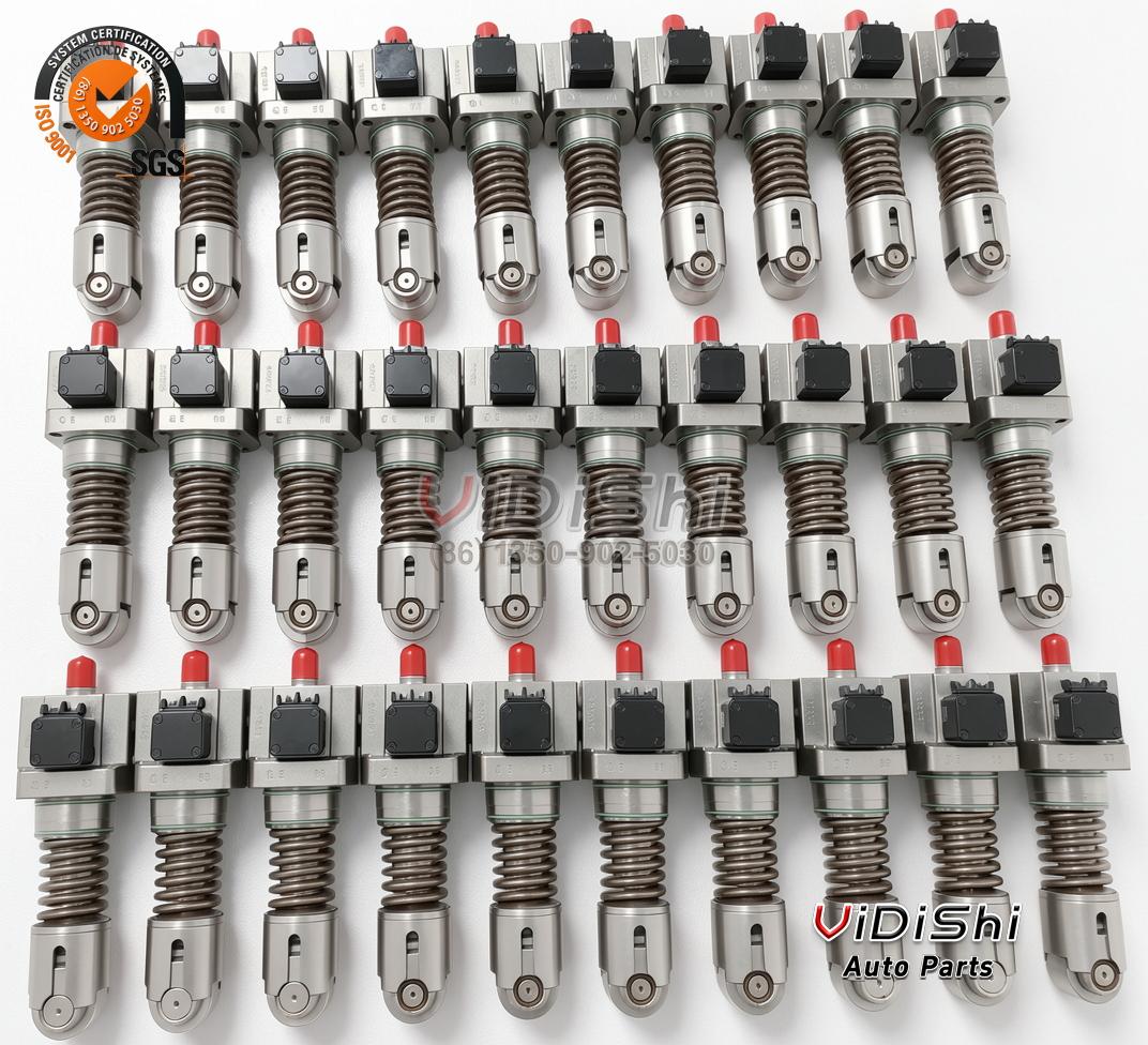 All Products 7 Thirty 84E901259G5 unit pumps standing in rows in a parts tray, red caps on top and roller tappets facing down