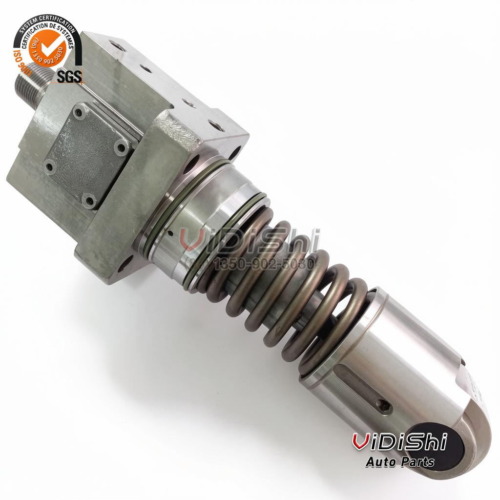 84E901259G5 Unit Pump Replacement for Bosch, GE GEVO 12 Locomotive 4 A 84E901259G5 unit pump tilted to show the machined mounting flange, the threaded inlet port and the polished roller shoe