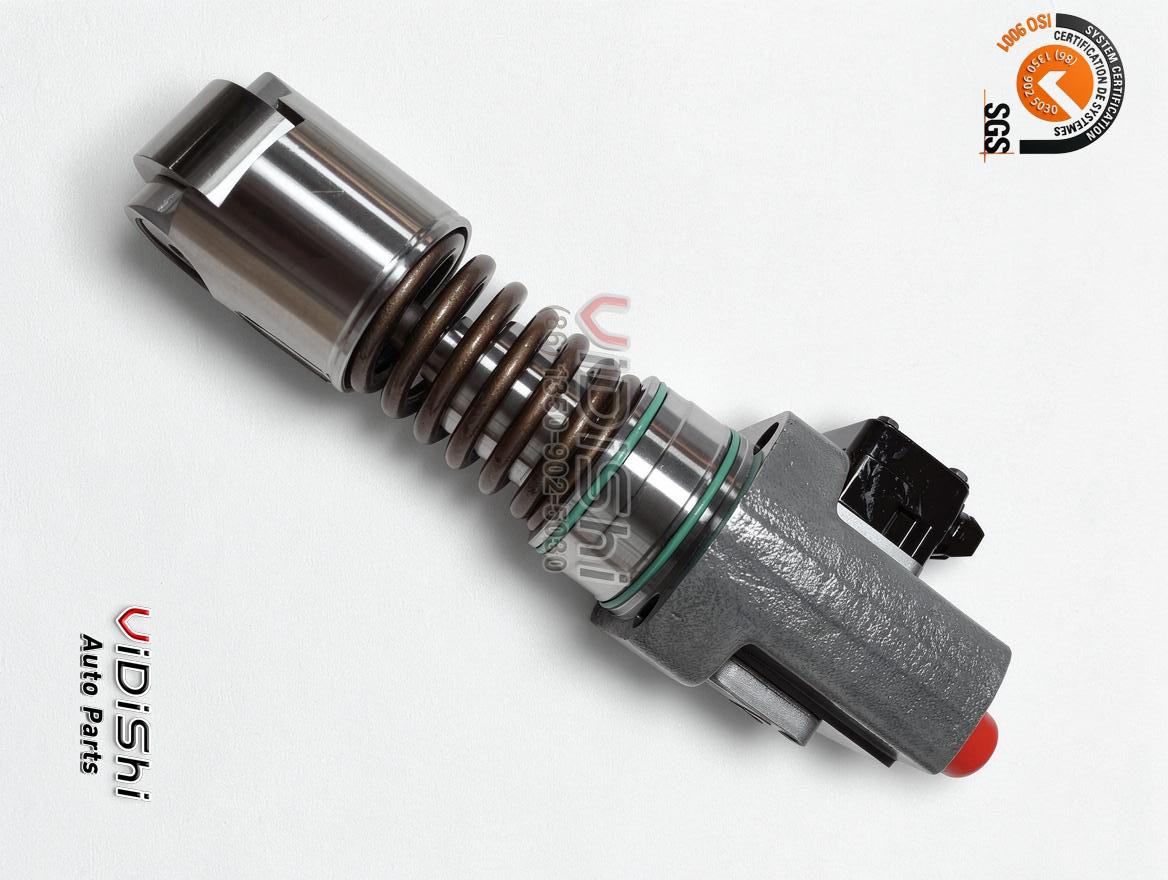 F00BL0P047 Unit Pump for GE GEVO V12 Locomotive Engines 5 F00BL0P047 unit pump at a diagonal angle with red capped fuel outlet