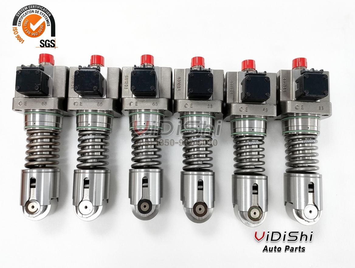 All Products 7 Six SNK1791889 unit pumps in a row, the red caps and black solenoid blocks facing forward on a white background