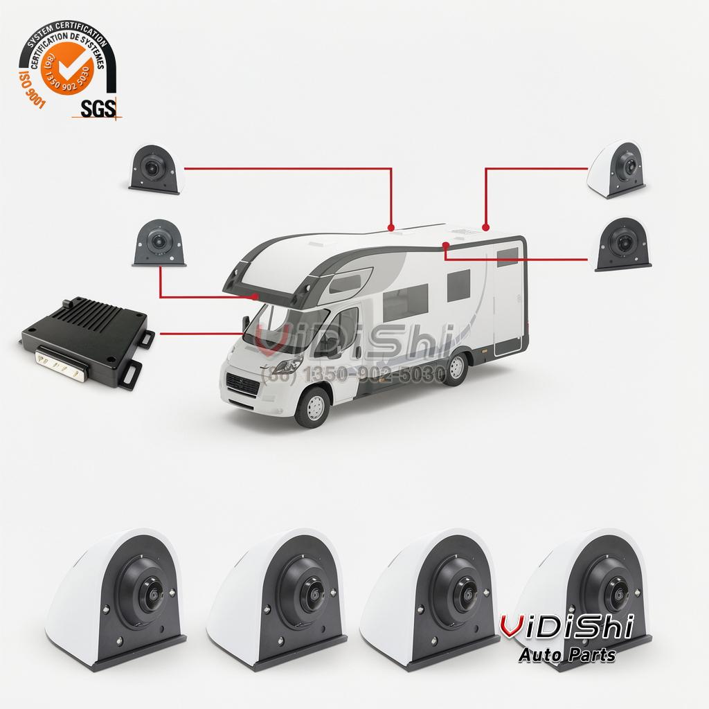 Van outline with four camera positions marked and camera units below