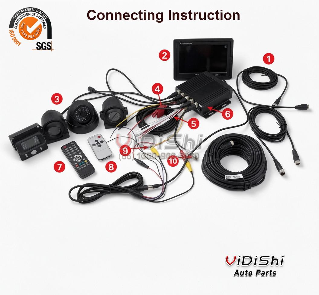 Connecting instruction diagram with numbered cables and parts