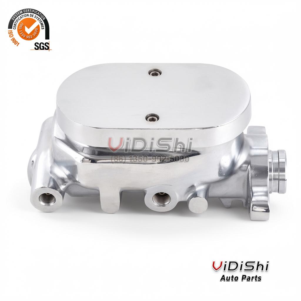 Brake Master Cylinder Chrome Smooth Top for GM A, B, E body street rod 2 Vidishi Auto Brake Master Cylinder side view