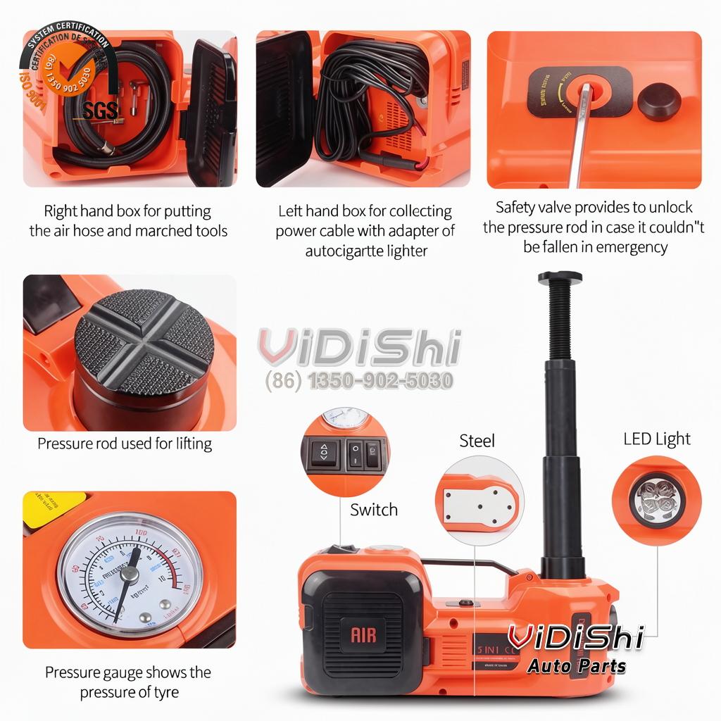 High Quality Portable 3 in 1 Electric Jack Lift Air Pump Lighting Electric Hydraulic Car Jack front view