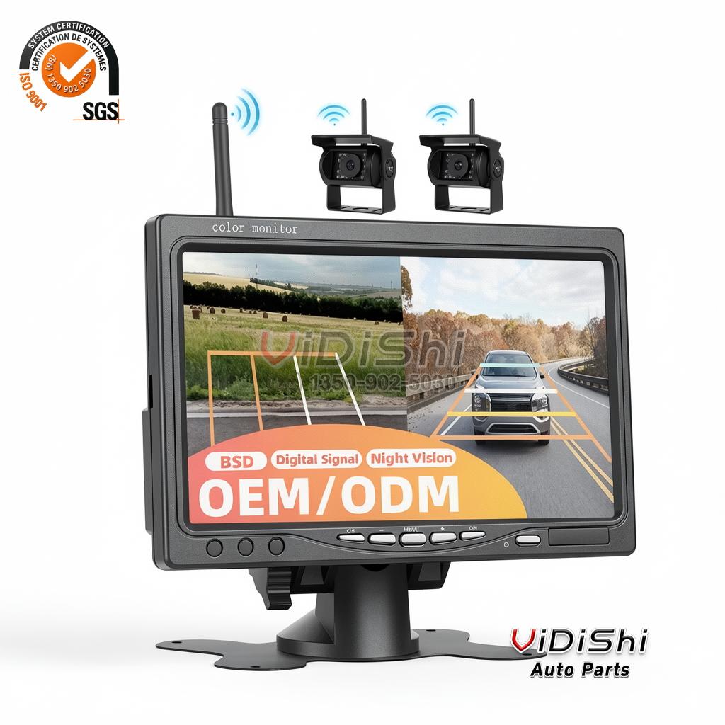 All Products 9 Podofo Digital Signal 7'' Wireless Backup Camera Monitor IP68 Waterproof Night Vision 2 X Rear Camera for Trucks Bus RV OEM/ODM gallery view