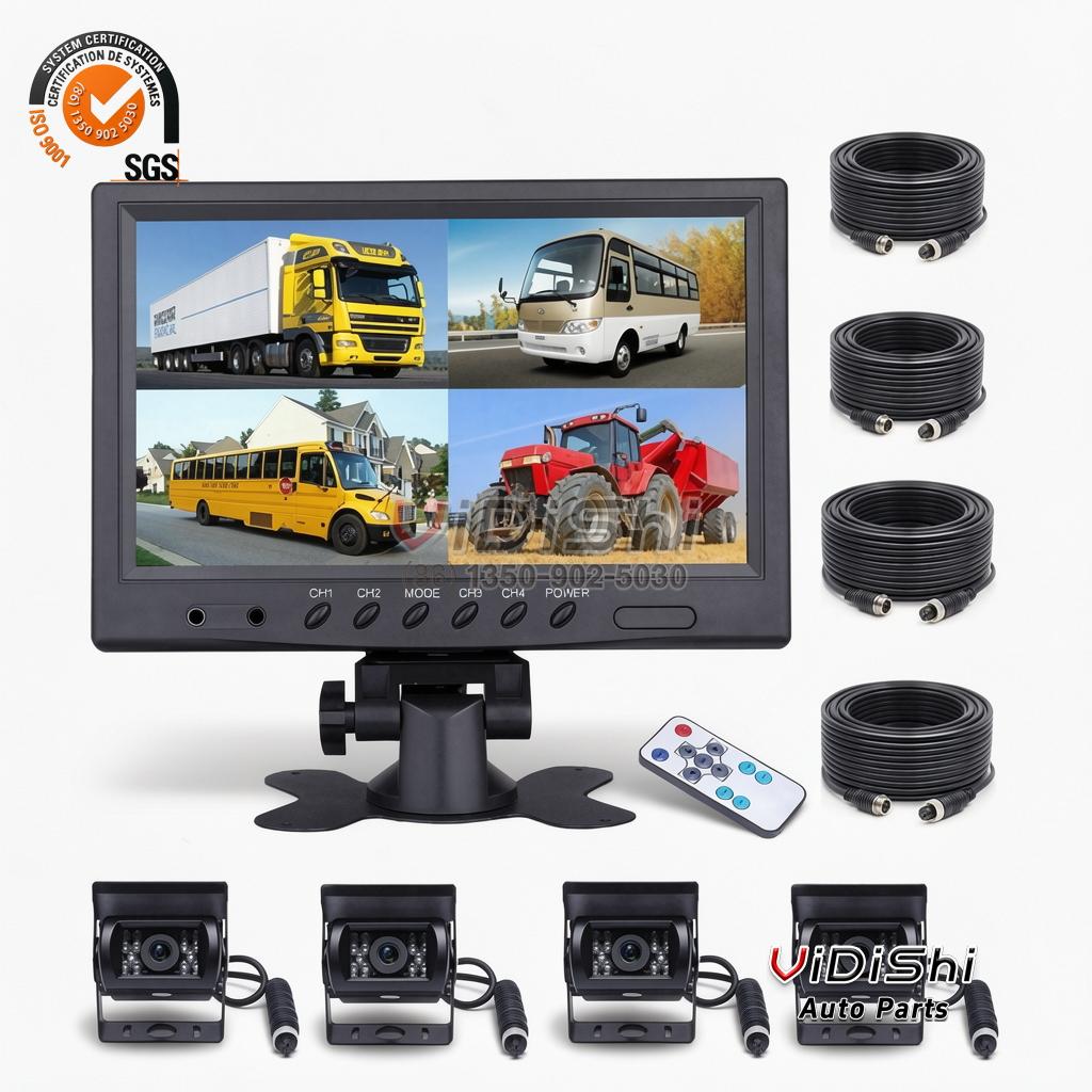 Podofo 9'' Quad Split Monitor Car Rear View Camera Kit Waterproof Night Vision for Truck Bus RV Heavy-duty Vehicles 12V-35V front view