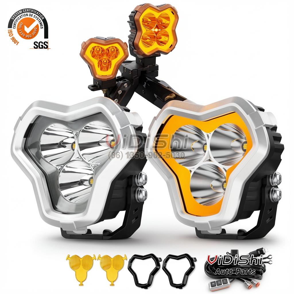 Hood front view view of 90W 9900LM Tri Spot Auxiliary Light With Amber White DRL Cha