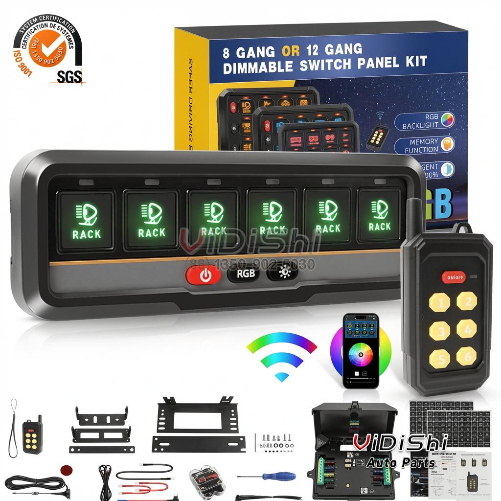 Universal Automotive 6 8 Gang LED Switch Panel ACC RGB Muti-color with Remote Control for SUV UTV ATV Off Road Light Controller front view