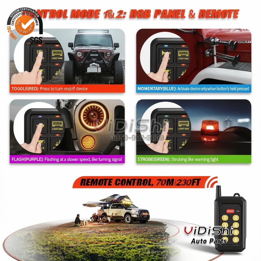 All Products 9 Universal Automotive 6 8 Gang LED Switch Panel ACC RGB Muti-color with Remote Control for SUV UTV ATV Off Road Light Controller gallery view