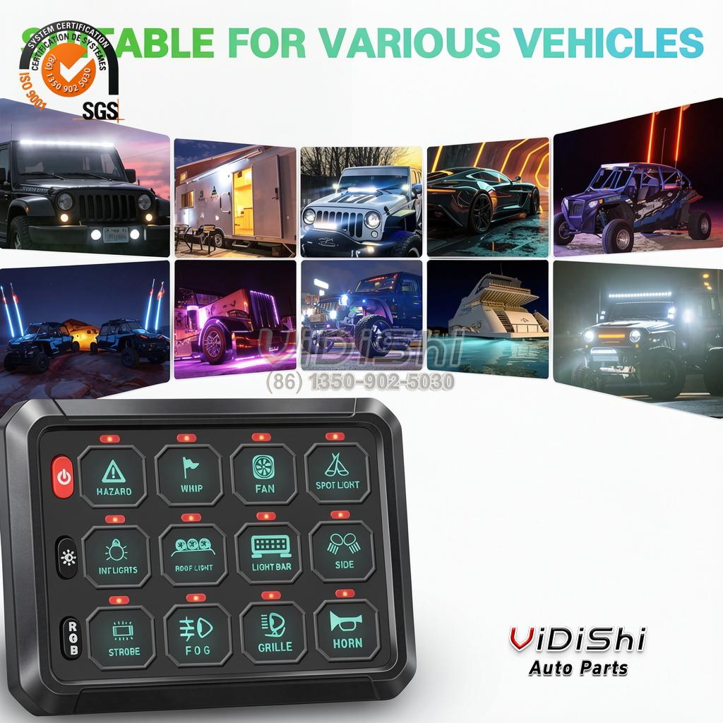 Adjustable Strobe Flash Toggle Momentary APP Control RGB Car Switch Panel 12 Gang Switch Panel for UTV ATV Truck RV Boat front view