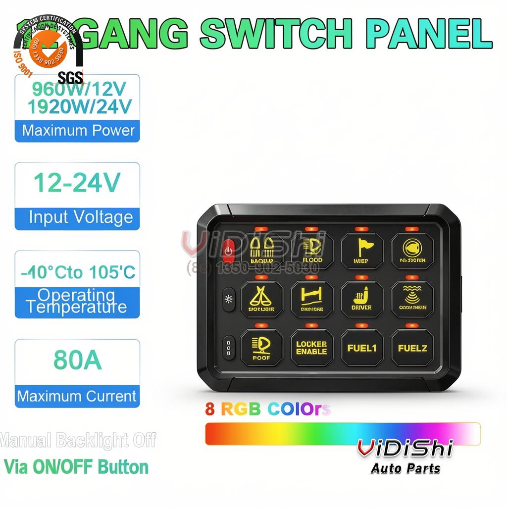 All Products 9 Adjustable Strobe Flash Toggle Momentary APP Control RGB Car Switch Panel 12 Gang Switch Panel for UTV ATV Truck RV Boat gallery view